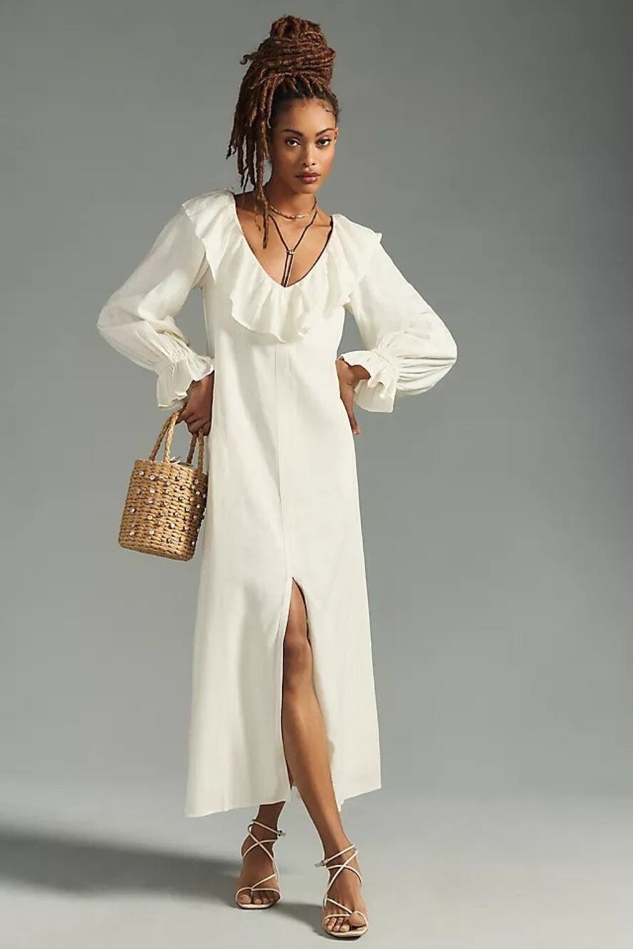 Anthropologie Porridge Ruffled Long-Sleeve White Linen Blend Maxi Dress Large